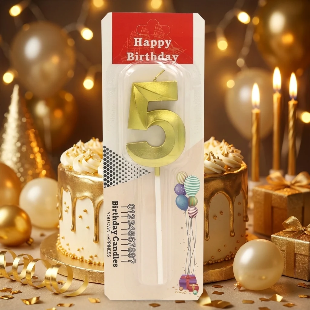 Свічка для торта Цифра "5" 3D, 5см (без ніжки), золото