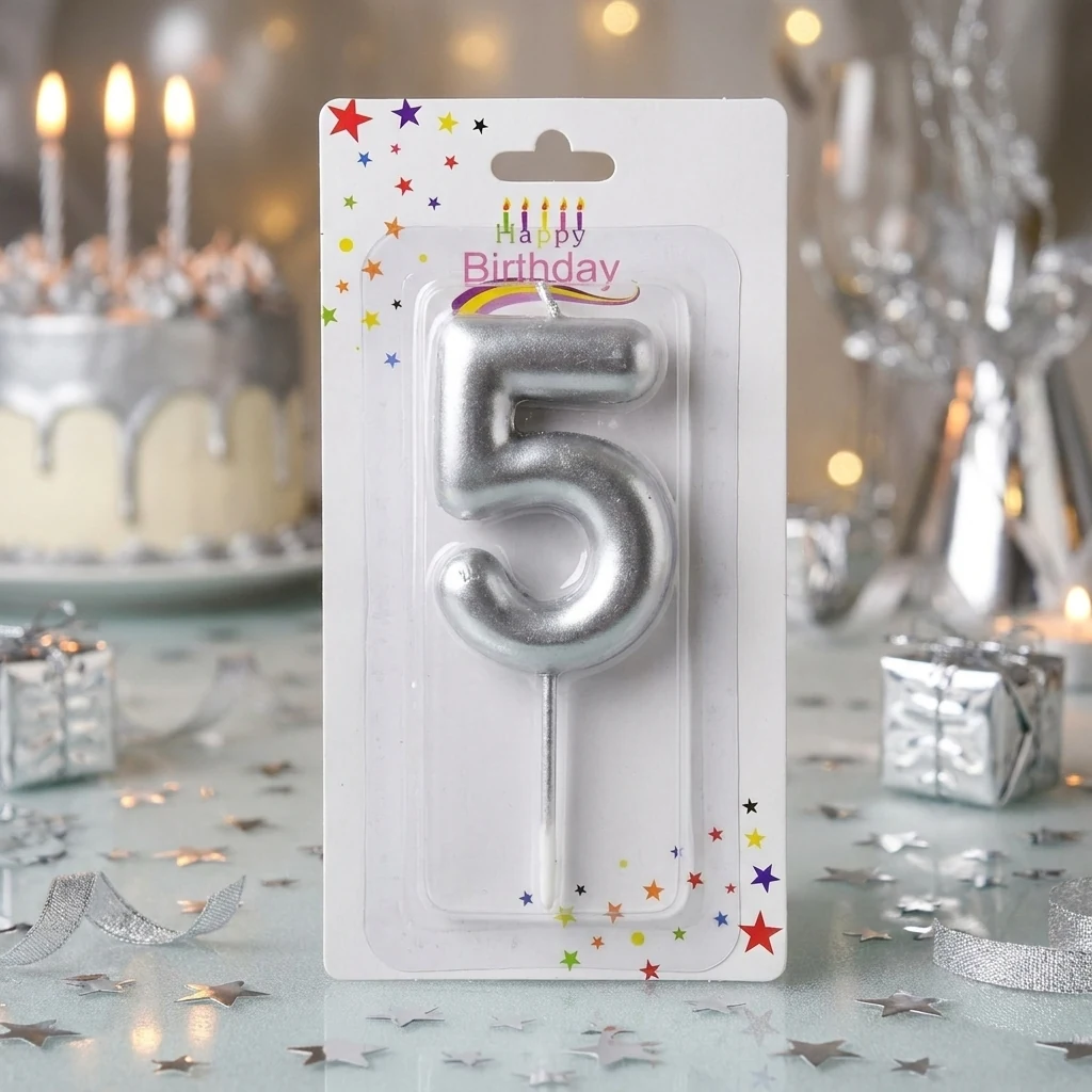 Свічка для торта Цифра "5", 6см (без ніжки), срібло