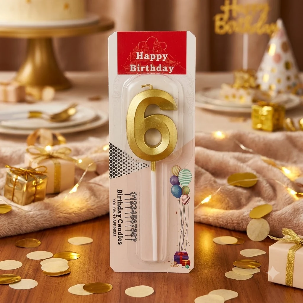 Свічка для торта Цифра "6" 3D, 5см (без ніжки), золото