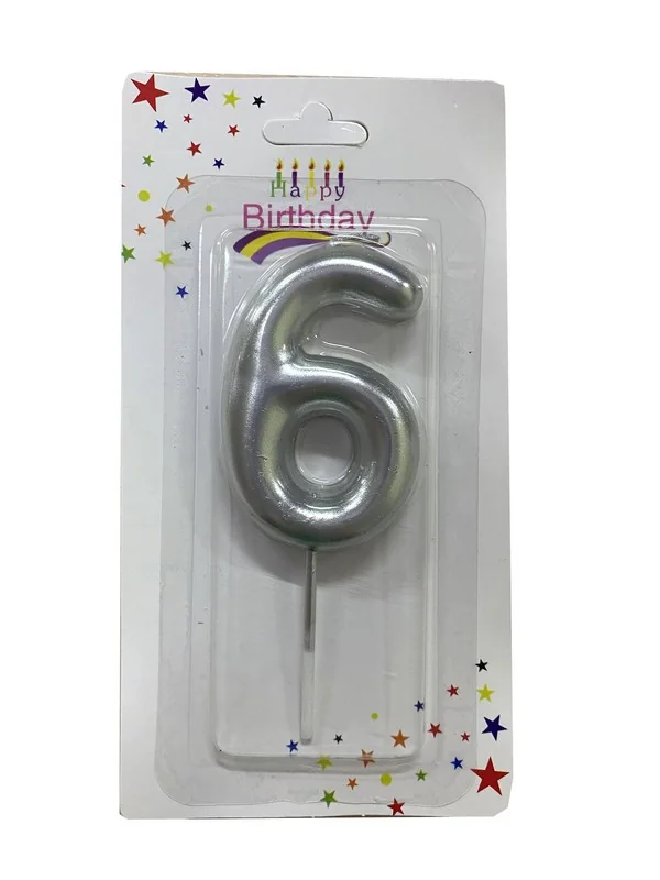 Свічка для торта Цифра "6", 6см (без ніжки), срібло