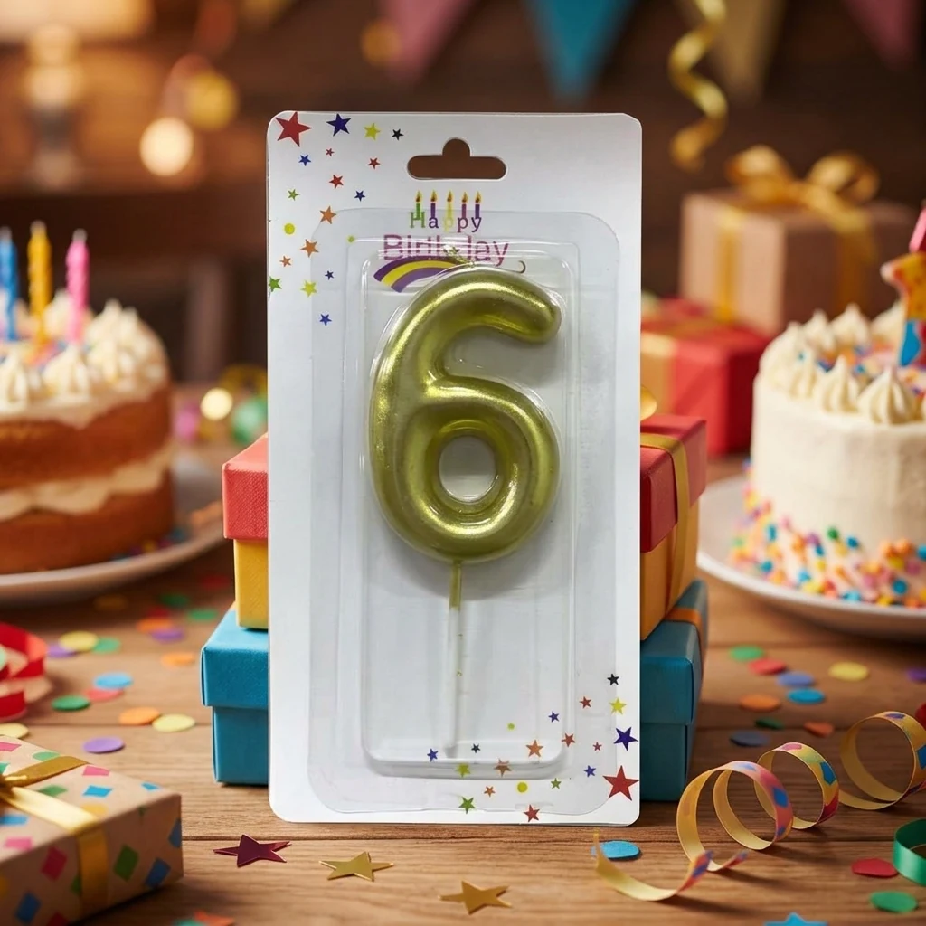 Свічка для торта Цифра "6", 6см (без ніжки), золото
