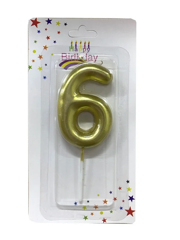 Свічка для торта Цифра "6", 6см (без ніжки), золото