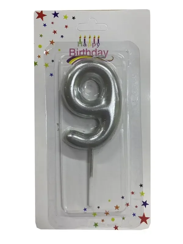 Свічка для торта Цифра "9", 6 см (без ніжки), срібло