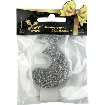 Свічка цифра велика Срібло, 3, 1 шт — фото 2