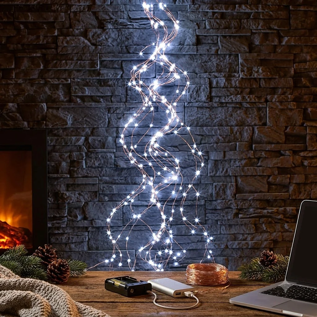 Світлодіодна гірлянда білого кольору, 200 LED, мідна проволока у вигляді пучка із 10 ниток 2 метра, батар+USB
