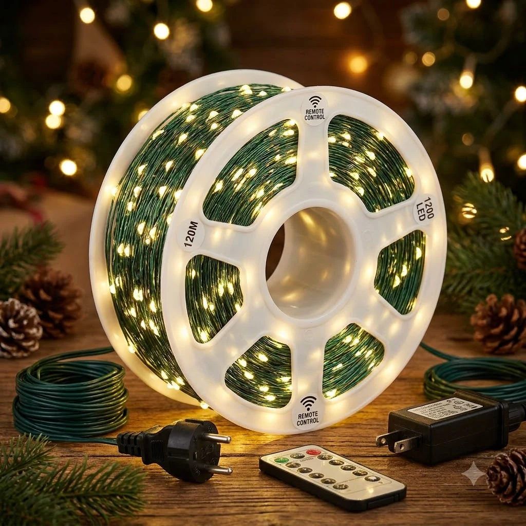 Світлодіодна гірлянда білого теплого кольору, 120м, 1200 led, на зеленому дроті, з пультом, 220V