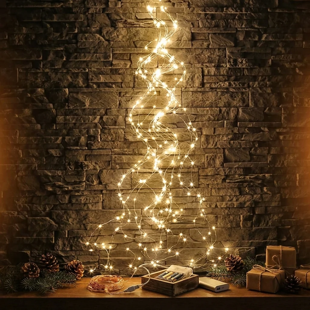 Світлодіодна гірлянда білого теплого кольору, 300 LED, мідна проволока у вигляді пучка із 10 ниток 3 метра, батарейки+USB