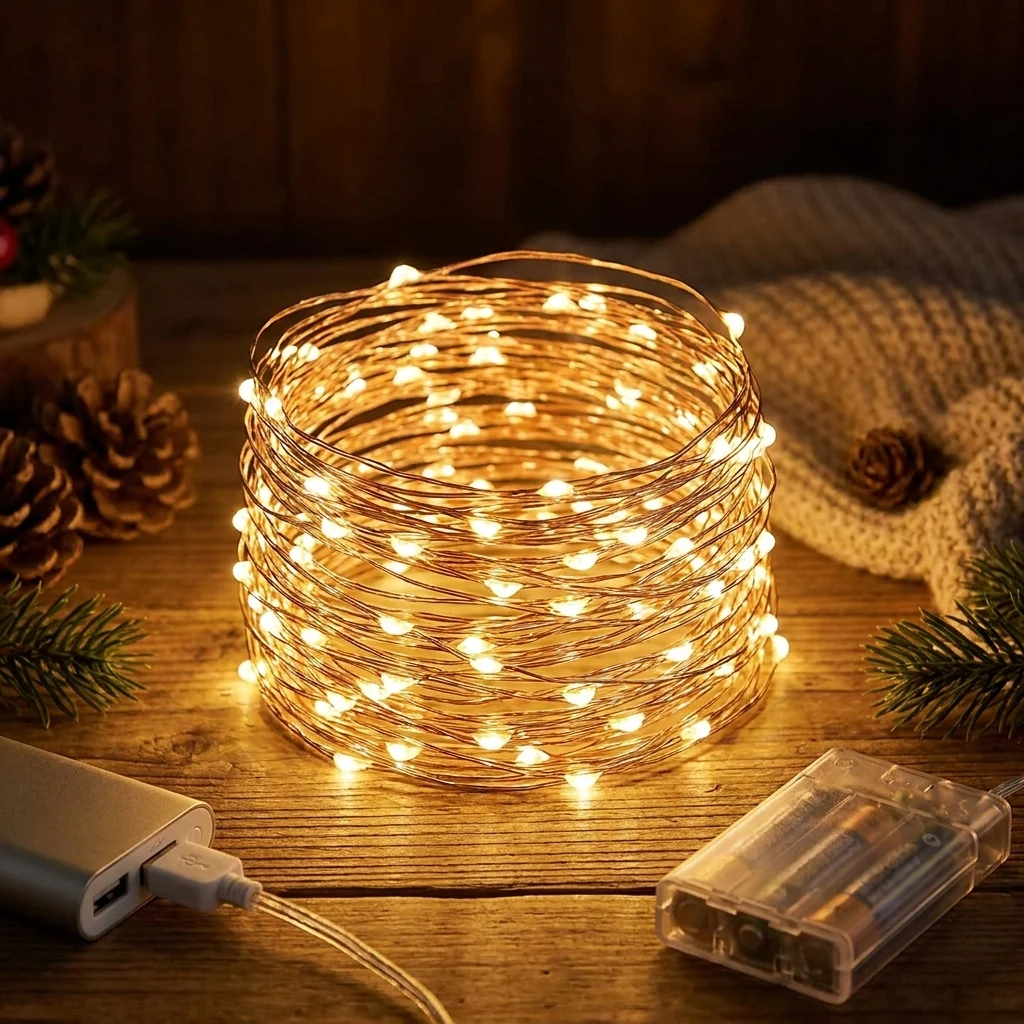 Світлодіодна гірлянда на мідному дроті, 10м, 100 led, колір світіння - білий теплий, на USB + батарейках