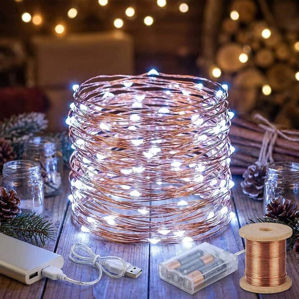 Світлодіодна гірлянда на мідному дроті, 10м, 100 led, колір світіння- холодний білий, на USB + батарейках