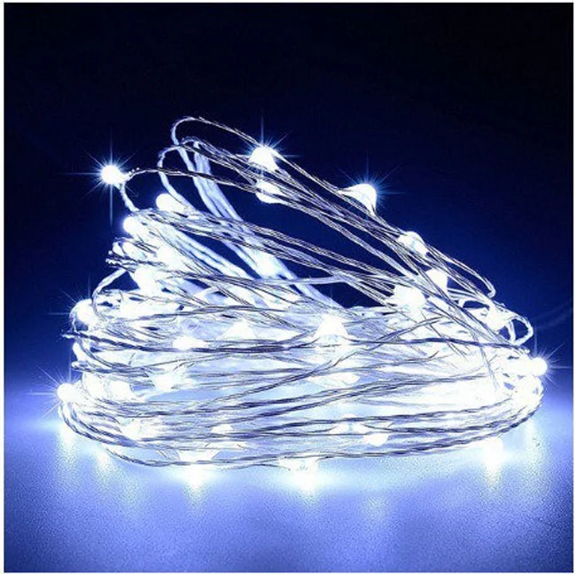 Світлодіодна гірлянда на мідному дроті, 10м, 100 led, колір світіння- холодний білий, на USB + батарейках