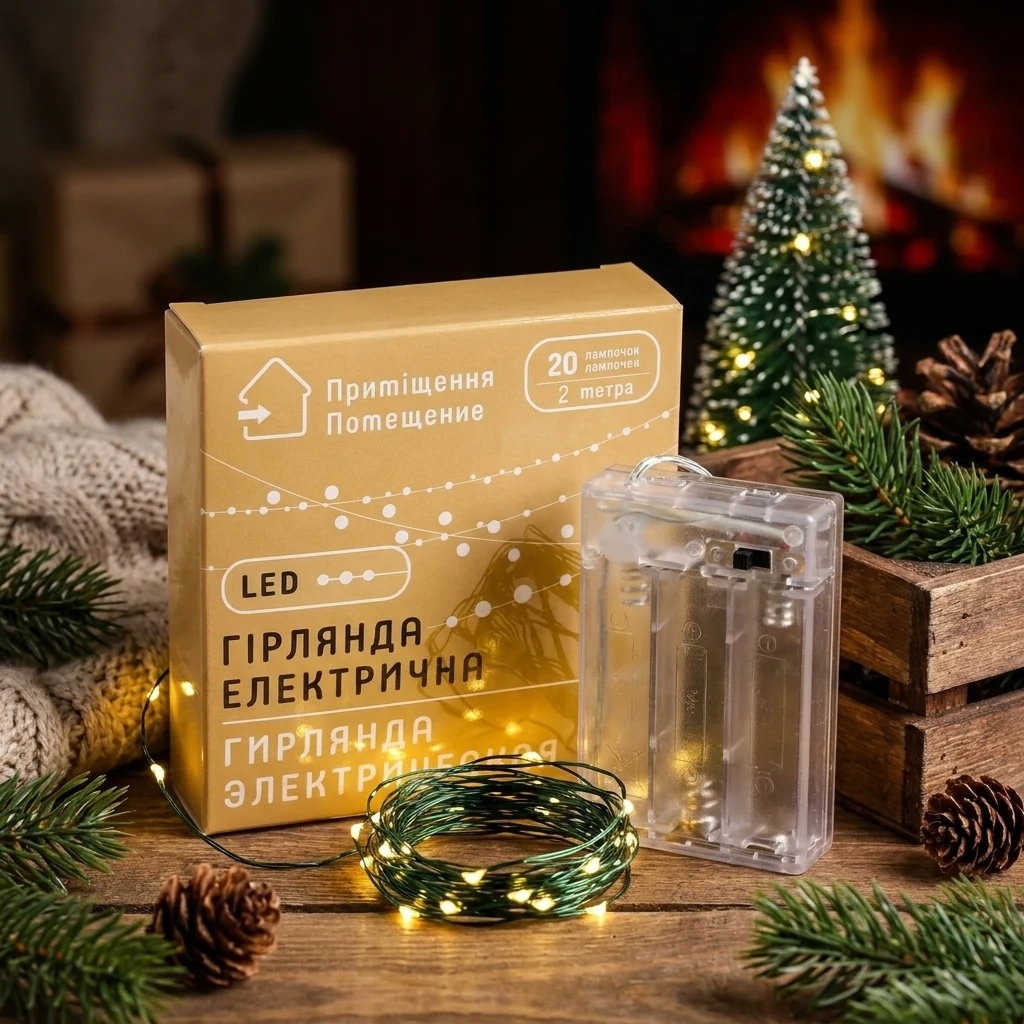 Світлодіодна гірлянда на мідному дроті, 2м, 20 led, колір свічення - білий теплий, на батарейках