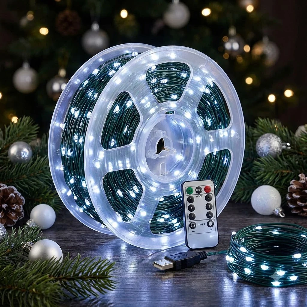 Світлодіодна гірлянда на зеленому дроті, 50м, 500 led, колір світіння- холодний білий, з пультом, на USB