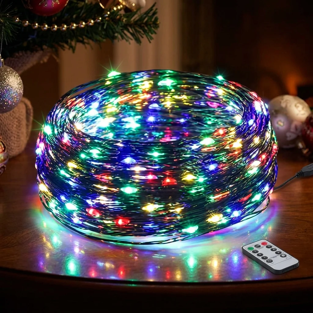 Світлодіодна гірлянда на зеленому дроті, 50м, 500 led, колір світіння- різнокольоровий, з пультом, на USB
