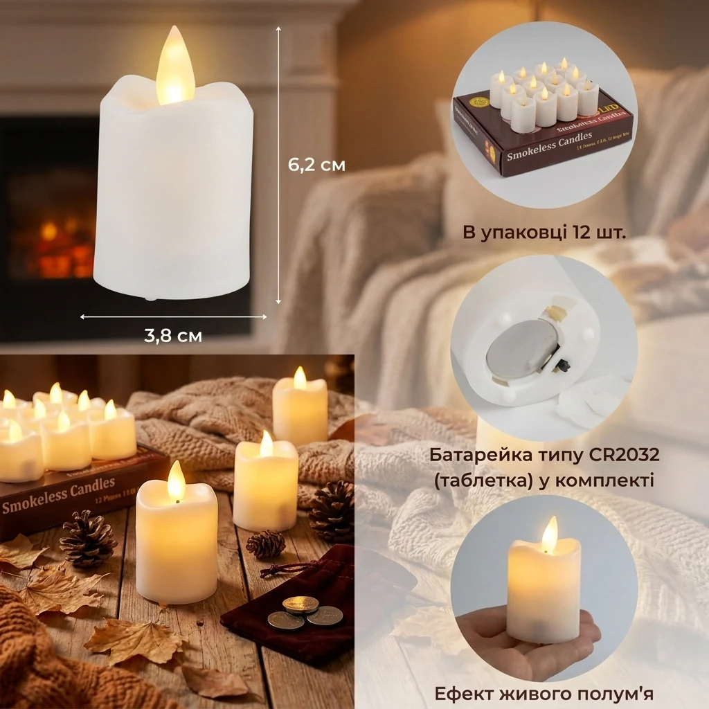 Світлодіодна свічка (LED) 6,2*3,8 см, світло тепого кольору, корпус білий