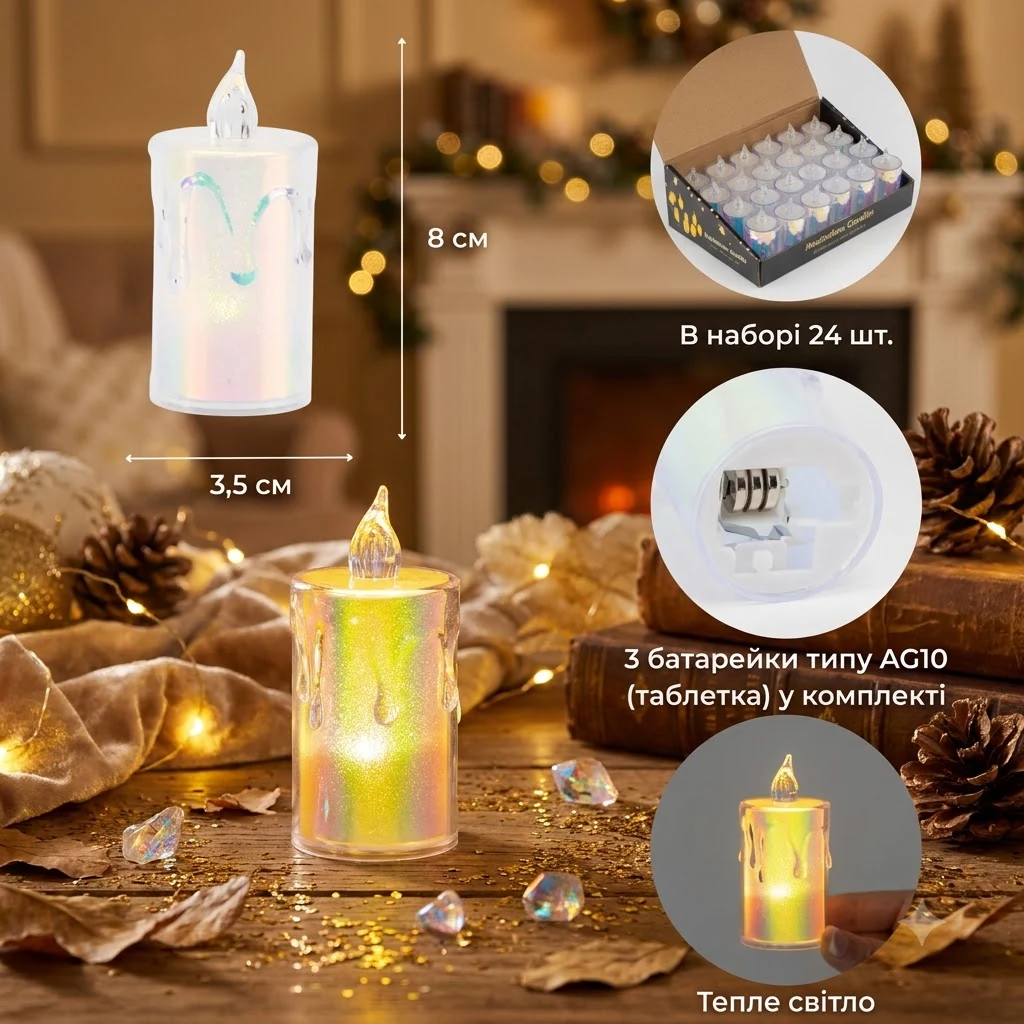 Світлодіодна свічка (LED) 8,0*3,5 см, світло тепого кольору, корпус прозорий