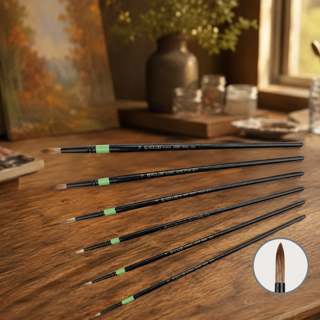 Синтетична кругла кисть KOLOS №10 Green stripe — Живопис