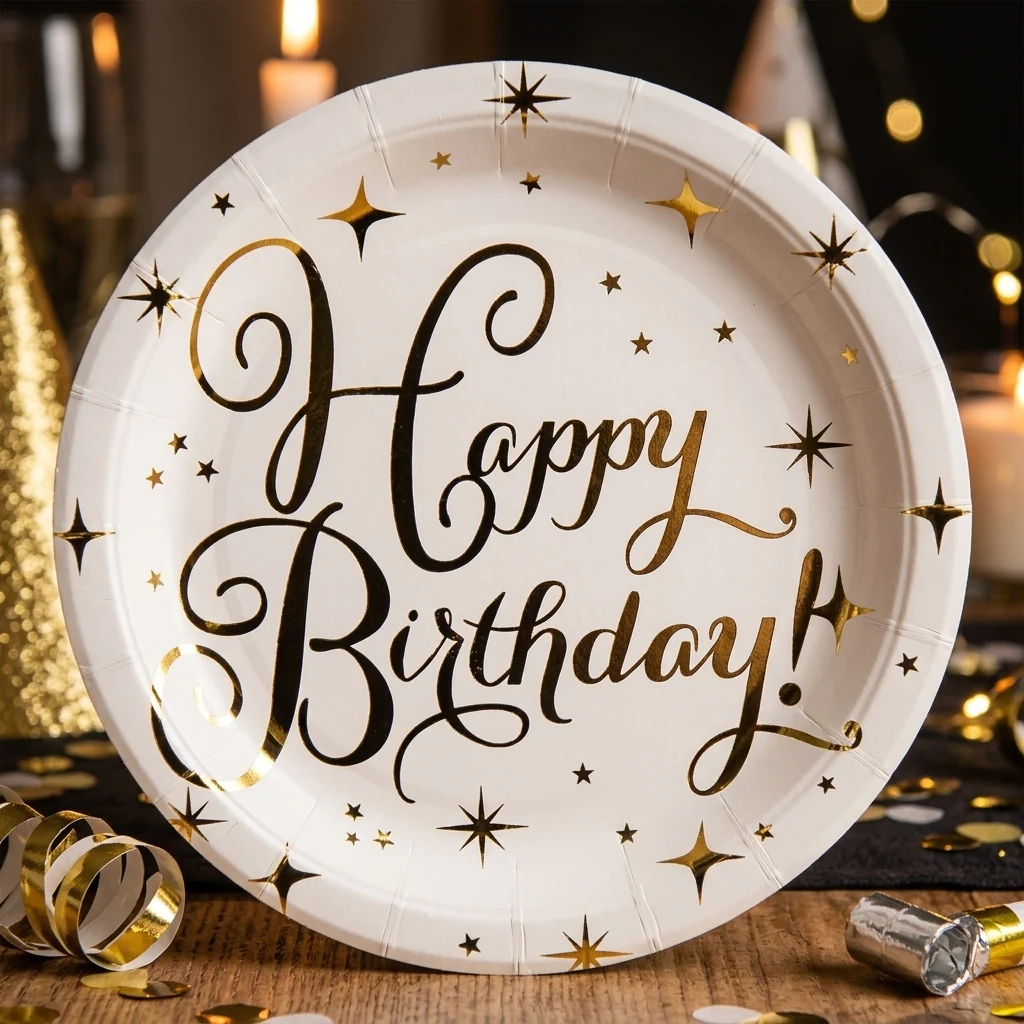 Тарілки паперові 18 см "Happy birthday" біла із золотом