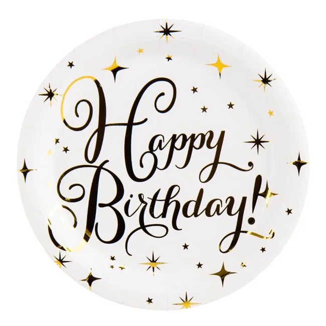 Тарілки паперові 18 см "Happy birthday" біла із золотом