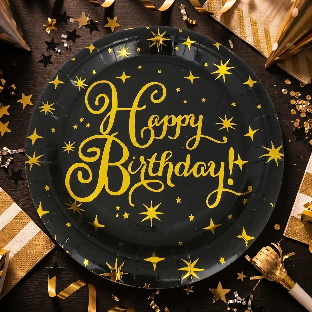 Тарілки паперові 18 см "Happy birthday!" чорні із золотом