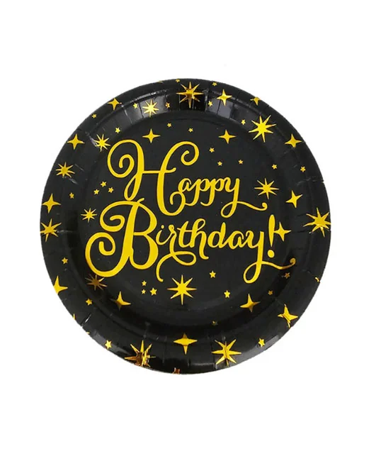 Тарілки паперові 18 см "Happy birthday!" чорні із золотом