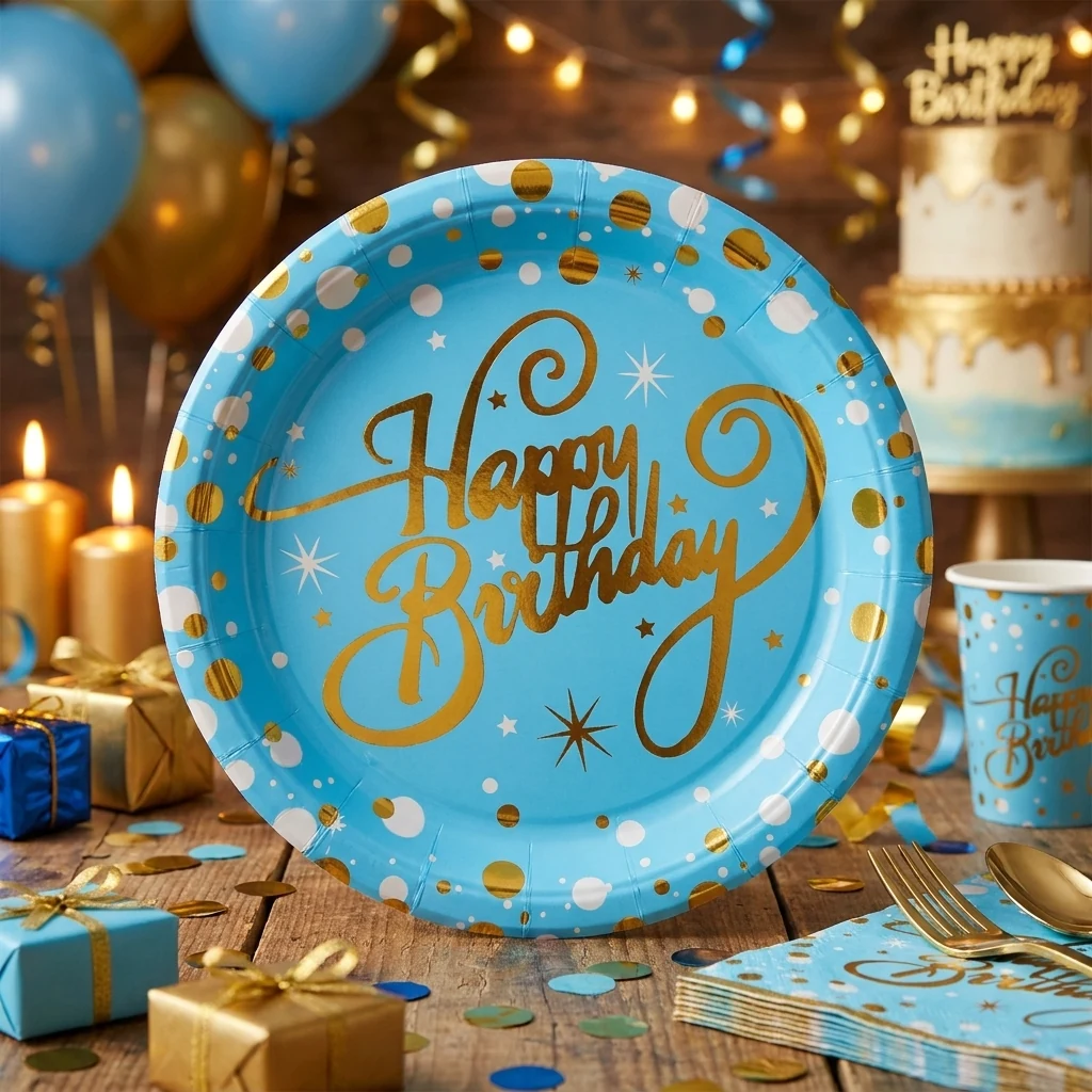 Тарілки паперові 18см "Happy birthday!" блакитні із золотом