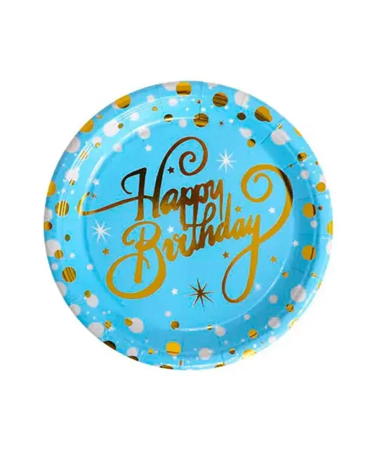 Тарілки паперові 18см "Happy birthday!" блакитні із золотом