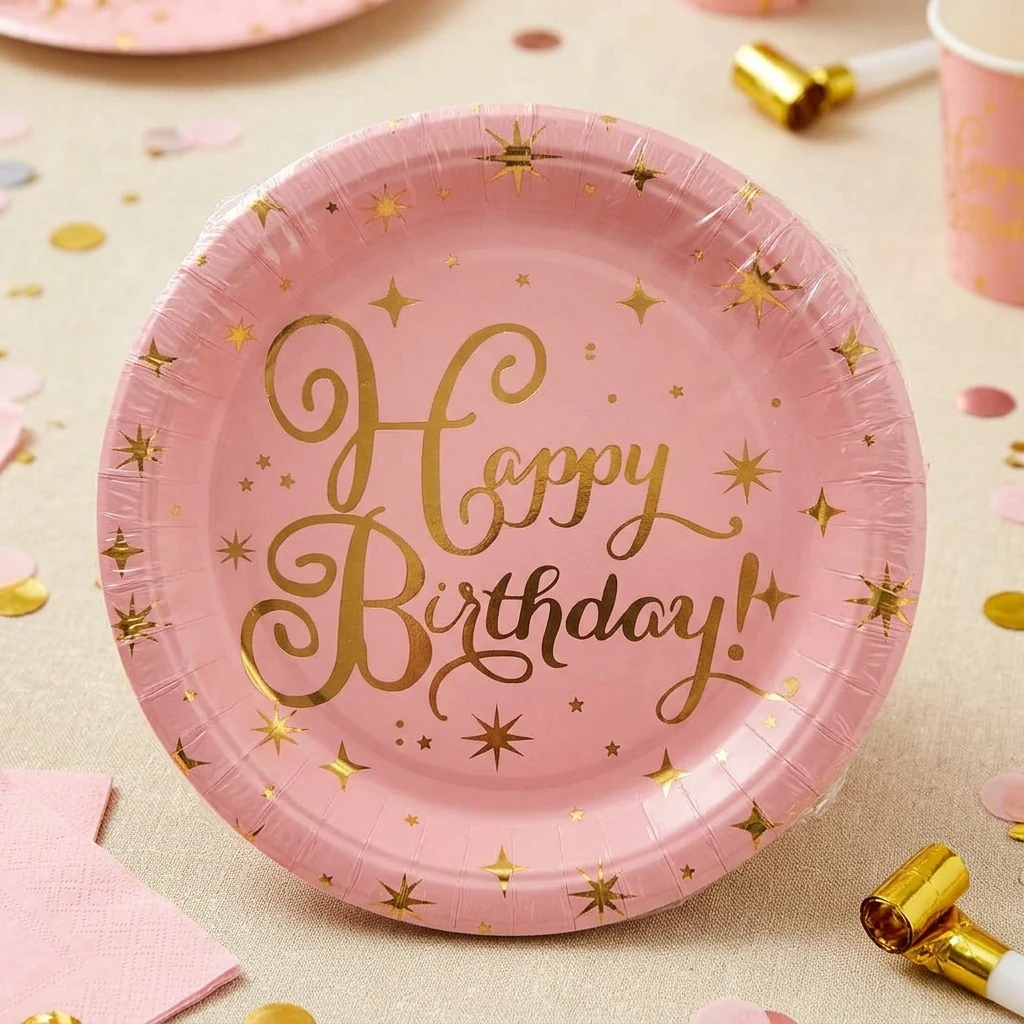 Тарілки паперові 18см "Happy birthday!" рожеві із золотом