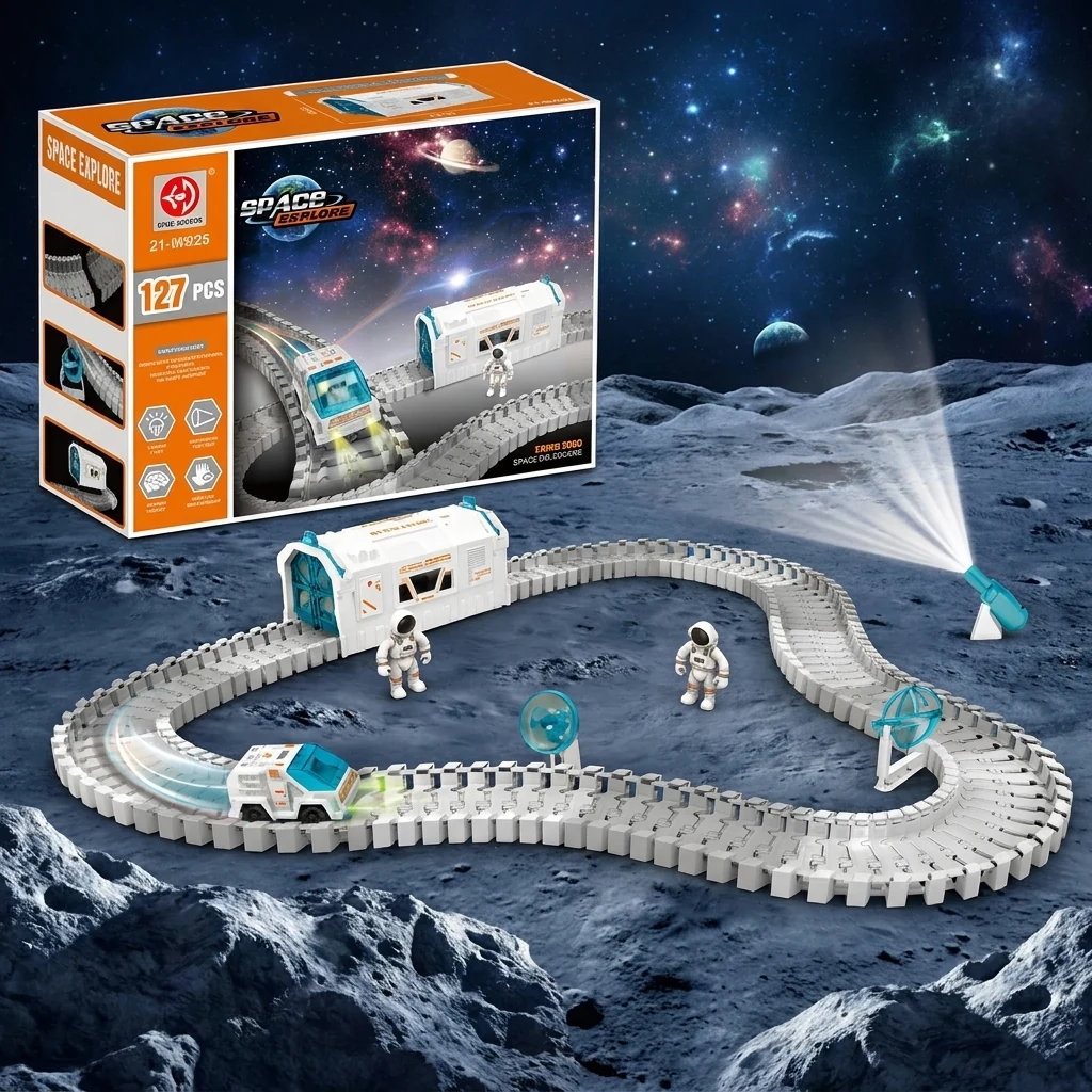 Трек: машинка з дорогою "Space", світиться 127 деталі в коробці