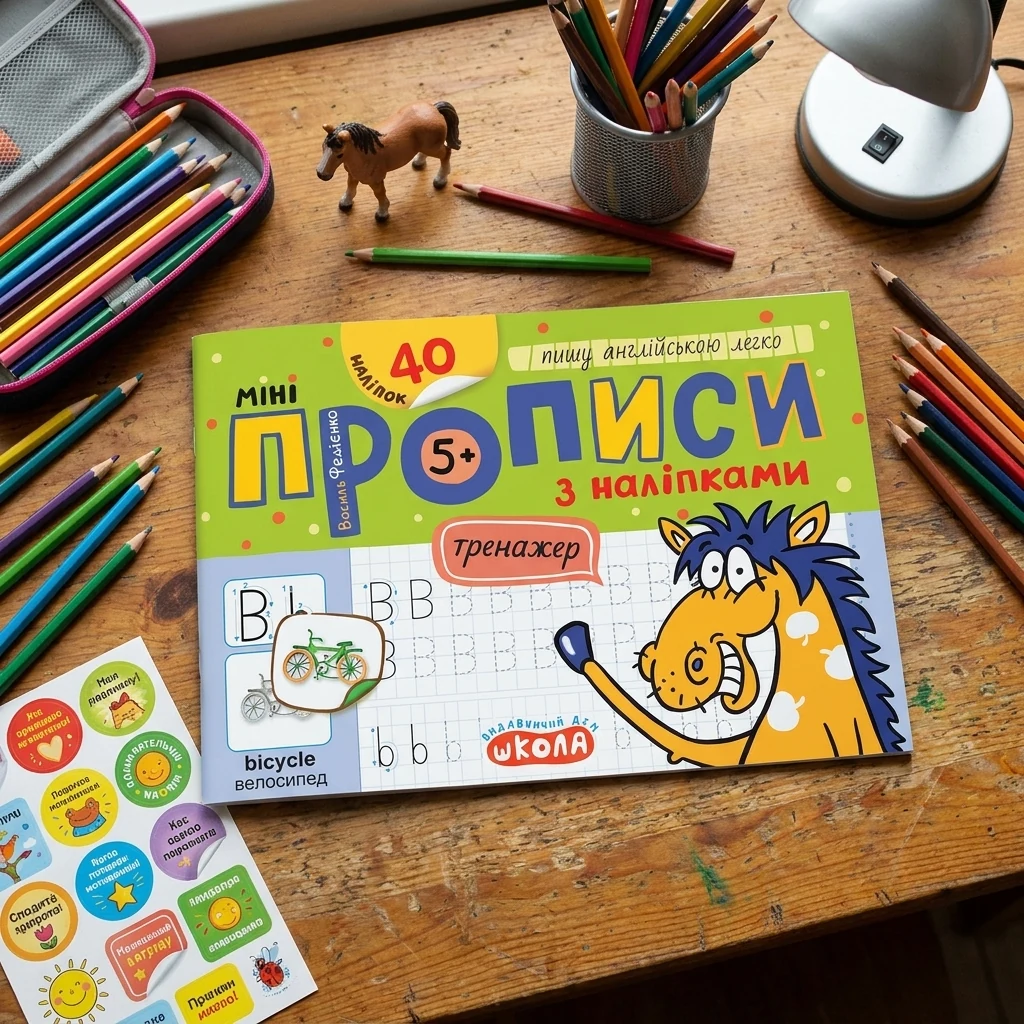 Тренажер. Мініпрописи з наліпками. Пишу англійською легко. Федієнко. 5+