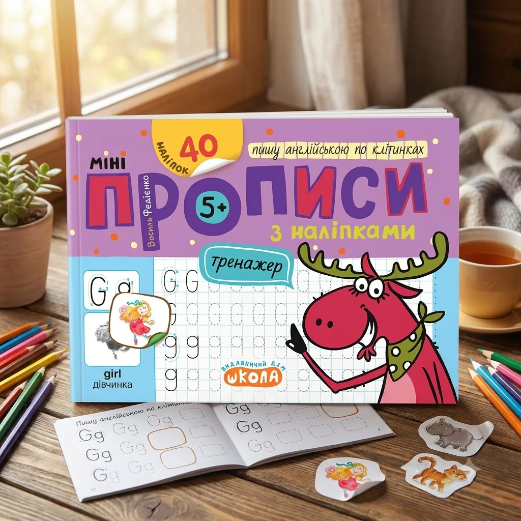 Тренажер. Мініпрописи з наліпками. Пишу англійською по клітинках. Федієнко. 5+