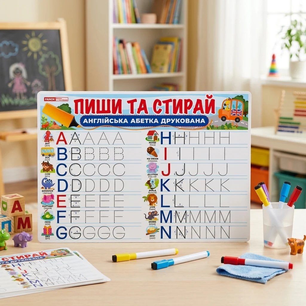 Тренажер. Пиши та стирай. Друковані англійські літери. 24х34 см