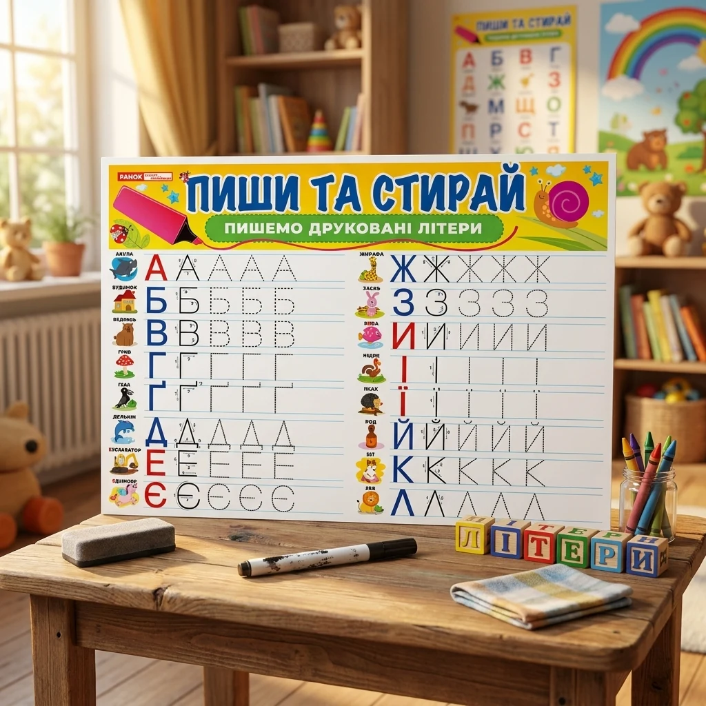 Тренажер. Пиши та стирай. Пишемо друковані літери. 24х34 см