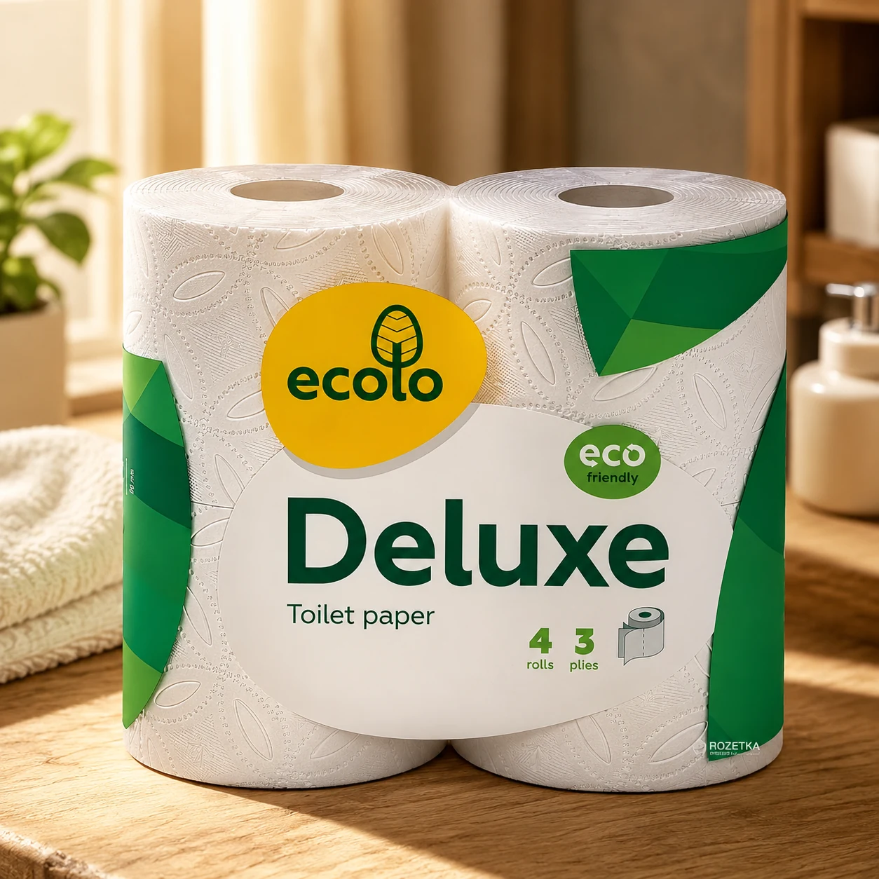 Туалетний папір Ecolo Deluxe тришаровий 4 рулони — Паперові вироби