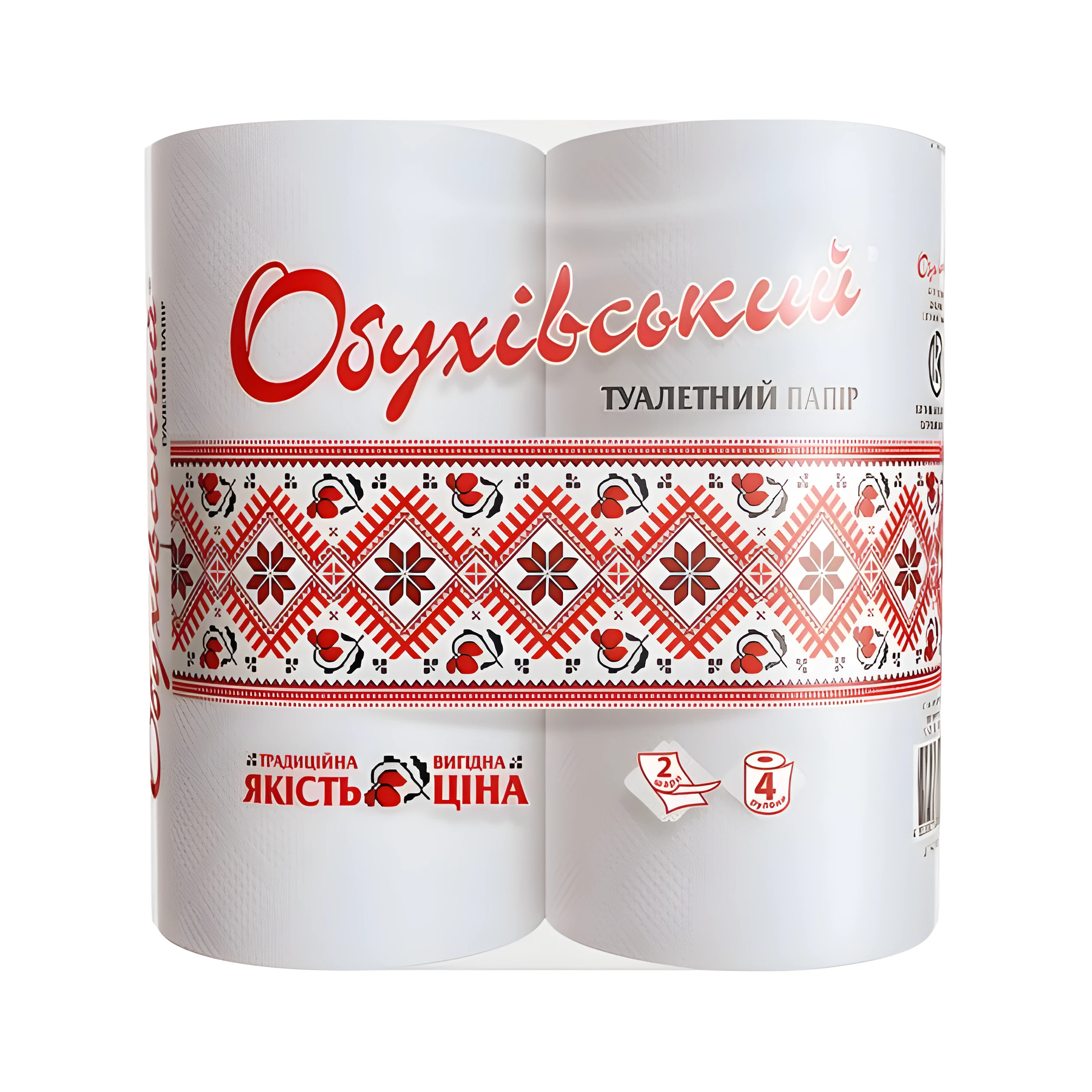 Туалетний папір целюлозний 2-шаровий Обухівський 4рулони на гільзі білий