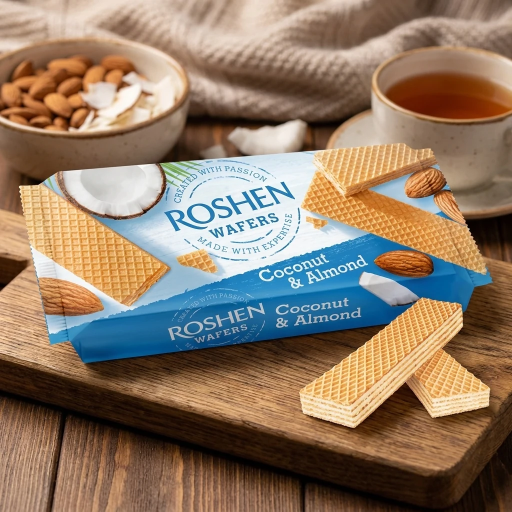 Вафлі Roshen Wafers кокос та мигдаль ВКФ 216г — Продукти та напої