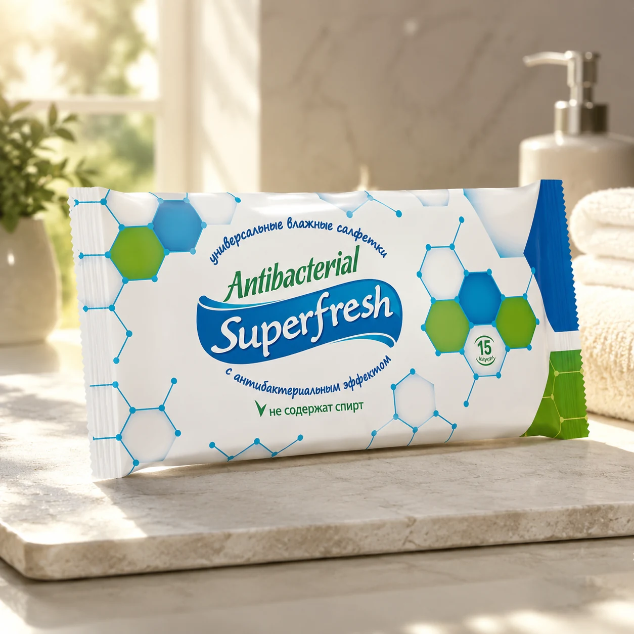 Вологі серветки Super Fresh Антибактеріальні 15шт — Краса та здоров'я