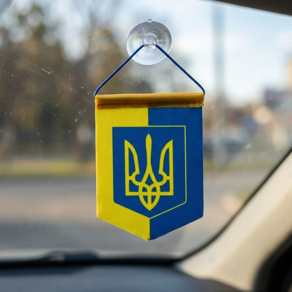 Вимпел України 8*10 см "Герб" креп-сатин на присосцi