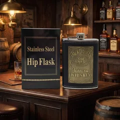 Фляга 240 мл "Jack Daniels" нержавіюча сталь у шкірі, коробка — фото 1