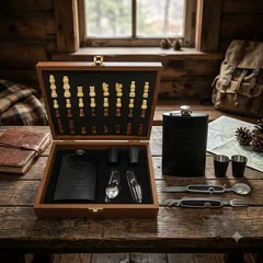 Подарунковий набір в дерев'яній коробці: фляга з нержавіючої сталі 240 мл, 2 чарки, ложка, виделка, шахи — фото 1