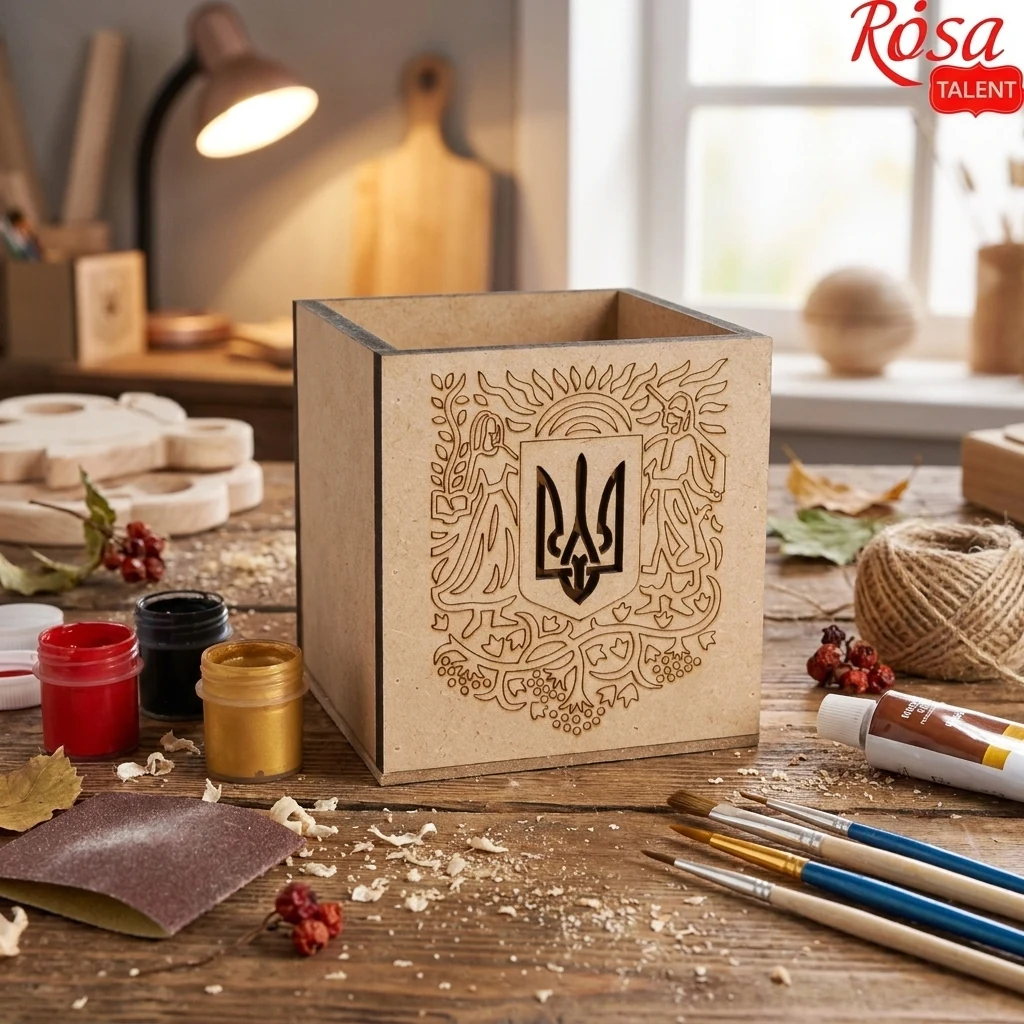 Заготовка дерев`яна стакан для ручок "Тризуб" 10*10*10 см Rosa Talent