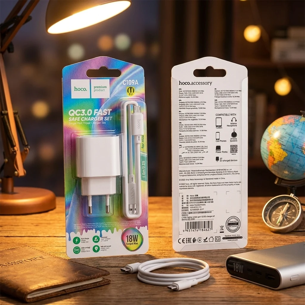 Зарядний пристрій від мережі + Кабель MicroUSB Hoco C109A 18W/QC3.0