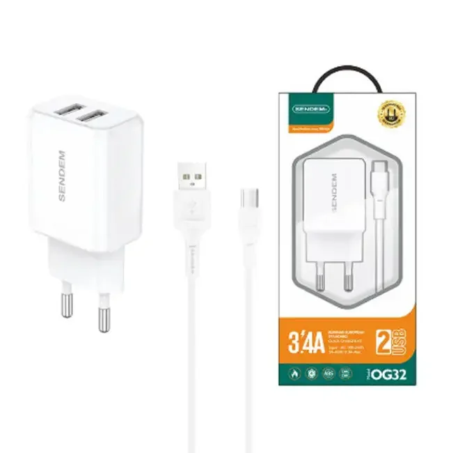 Зарядний пристрій від мережі + Кабель Type-C SENDEM OG32 2USB/3,4A — фото 2