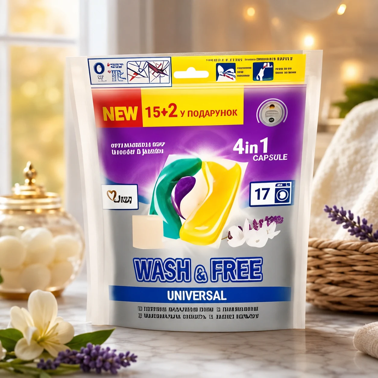 Wash&Free капсули для прання жасмин та лаванда 17шт — Побутова хімія