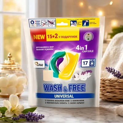 Засіб для прання у вигляді капсул Wash&Free жасмин та лаванда 17шт DOYPACK