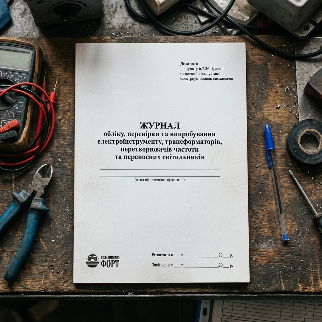 Журнал обліку, перевірки та випробування електроінструменту, трансформаторів, перетворювачів частоти та переносних світильників