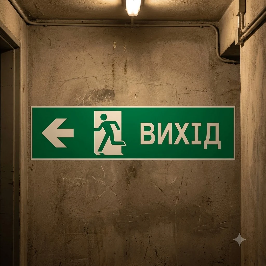 Знак:Напрям до виходу право/ліво/прямо. 100х450 мм. наклейка