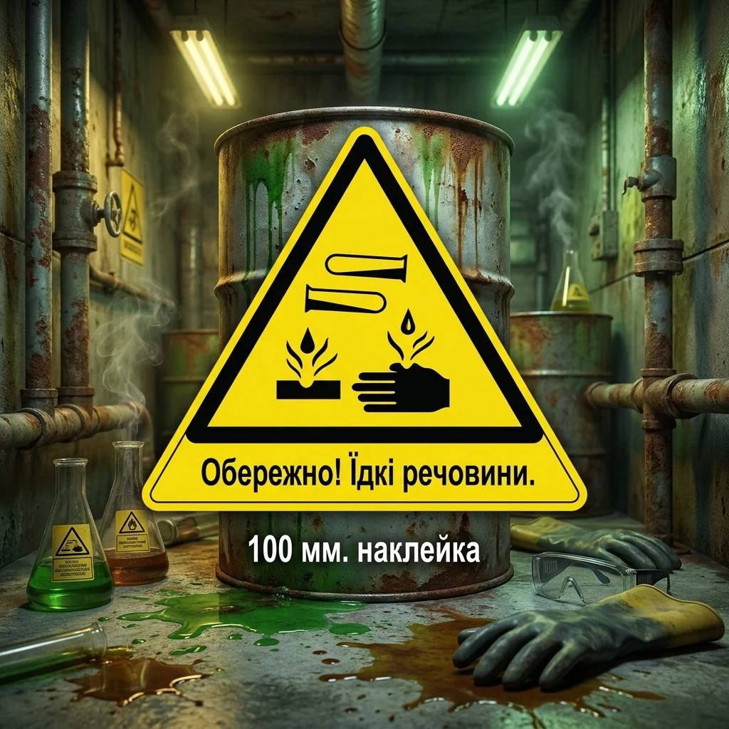 Знак:Обережно! Їдкі речовини. 100 мм. наклейка
