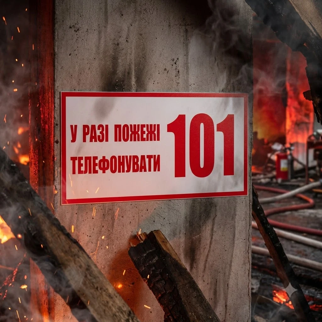 Знак:При пожежі дзвонити 101. 240х130 мм. наклейка