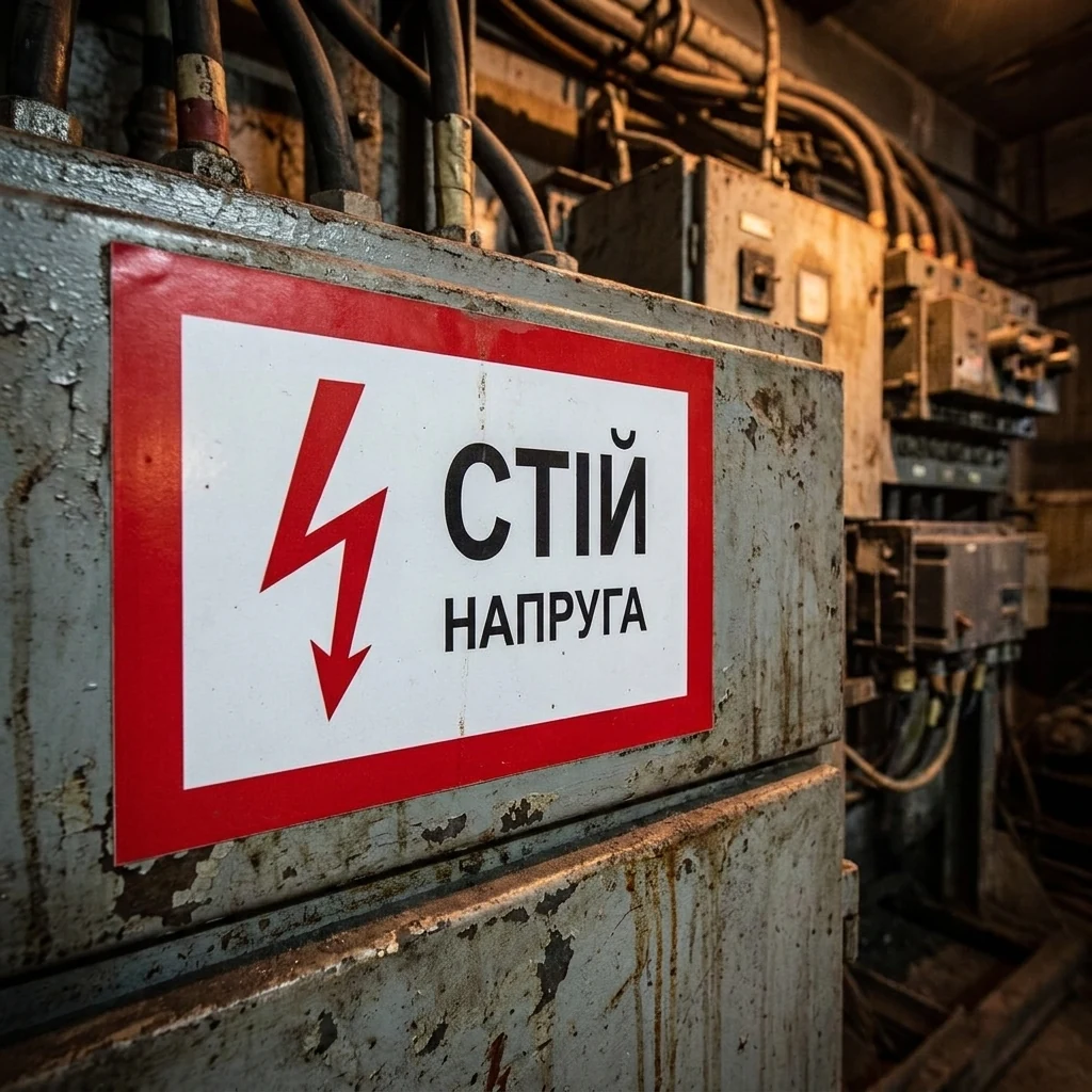 Знак:Стій! Напруга. 280х210 мм. наклейка